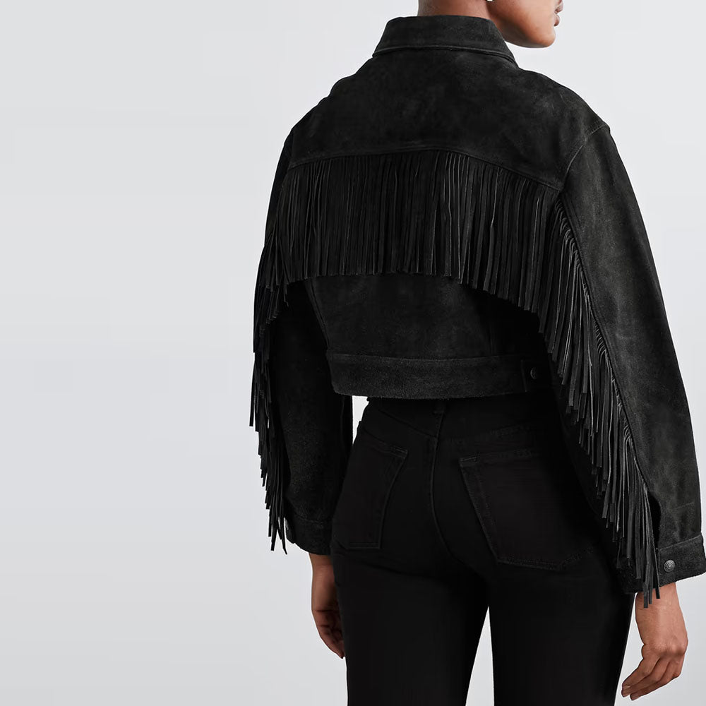 New Western Cropped Fringed Women,s Suede Leather Jacket