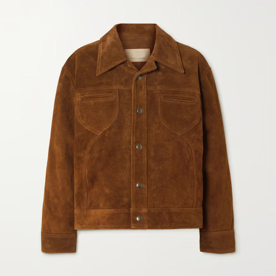 Women's brown suede leather trucker jacket with Western styling