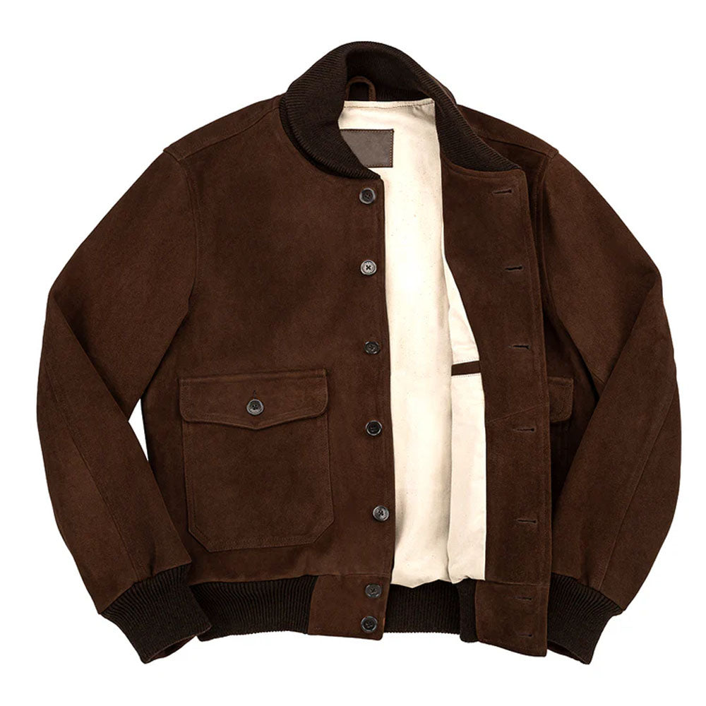 New Voyageurs Brown Trucker-Style Bomber Suede Leather jacket