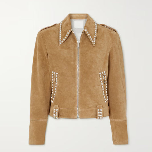 A brown suede leather jacket with pearl-studded details on the collar, pockets, and waistband, showcasing a stylish and luxurious design.