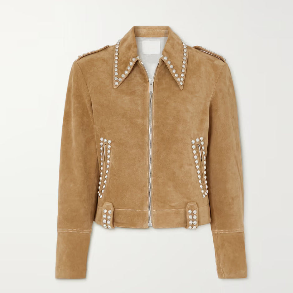 Women's brown studded Western suede leather jacket with silver hardware