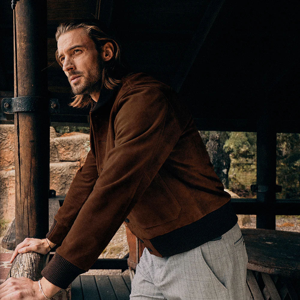 New Voyageurs Brown Trucker-Style Bomber Suede Leather jacket