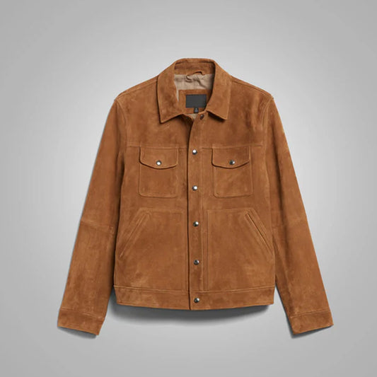 Brown suede leather jacket front view with button-down closure.