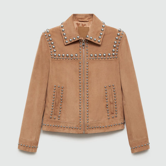 Women's Western-Style Tan Studded Suede Leather Jacket