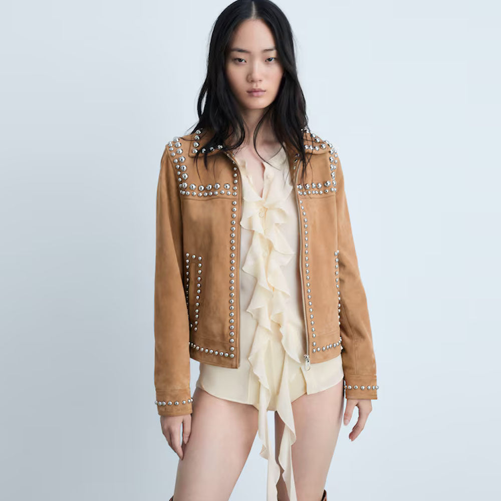 Western-Style Tan Studded Suede Leather Jacket