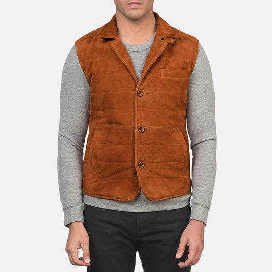 Close-up view of the men's suede leather vest with front button closure, crafted from real goatskin in a vintage brown finish.