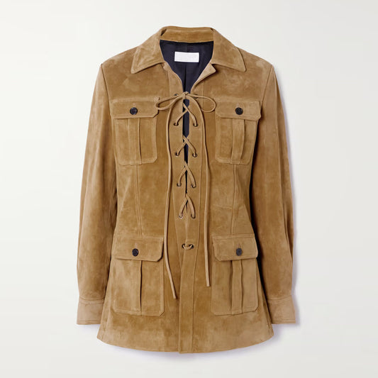 Women New Western Lace-up camel Brown Leather Suede Jacket