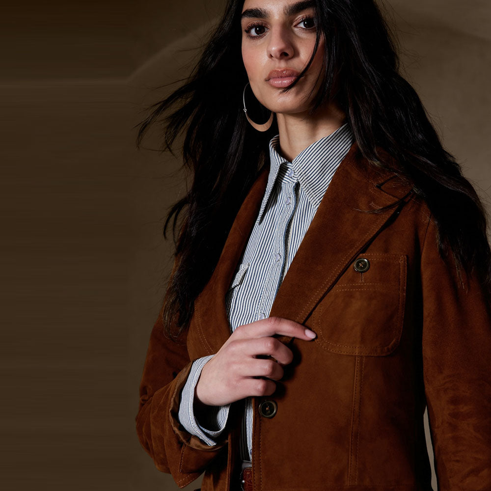 New Women's Dark Brown Western Suede Leather Blazer