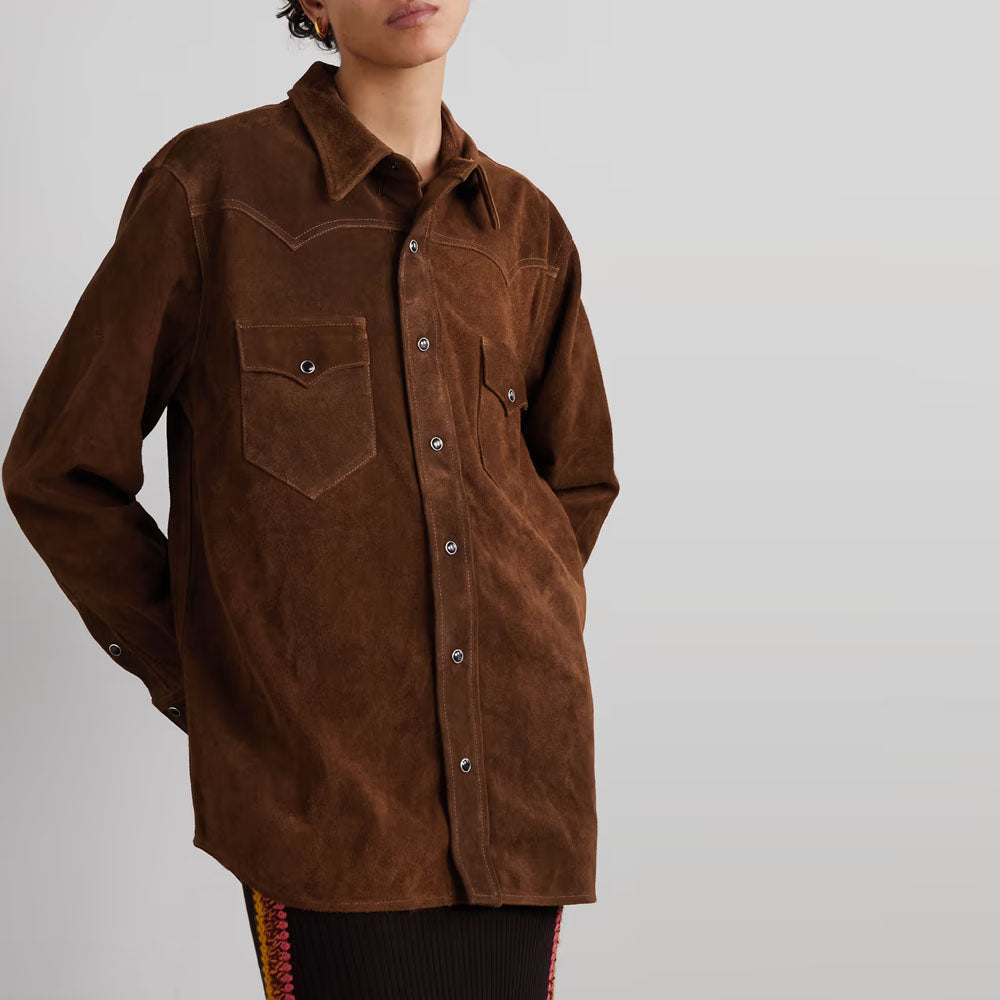 New Women Brown Trucker Shirt Style Western Suede Leather Jacket