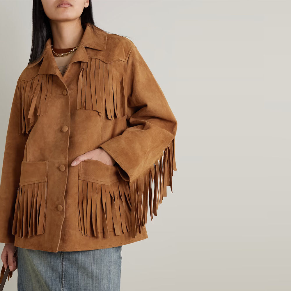 New Women Brown Cowboy Fringe Western Leather Suede Jacket