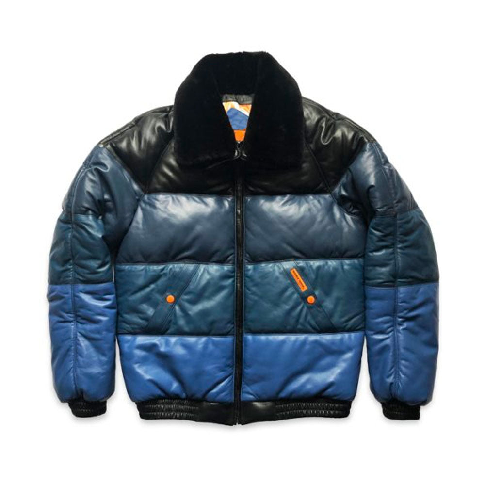 Men Blue & Black Fur Collar Bubble Sheepskin V Bomber Leather Jacket