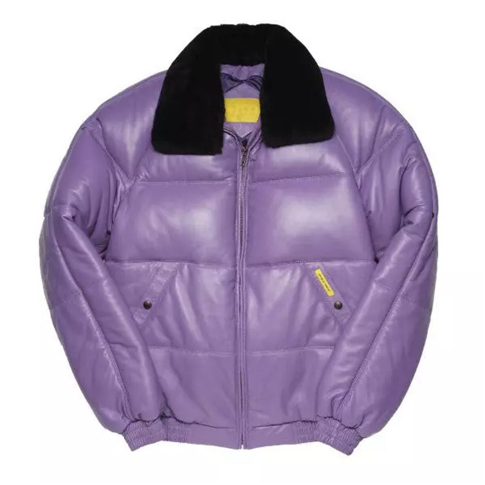 New Men's Purple Sheepskin Bubble Leather V Bomber Jacket