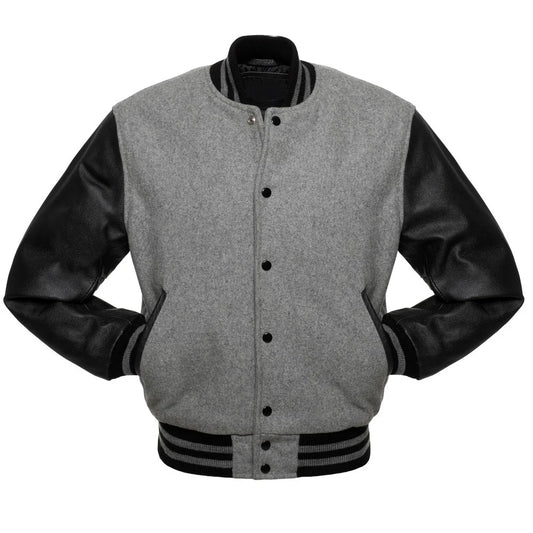 Front view of gray and black varsity jacket with wool body and leather sleeves, featuring snap-button closure and ribbed cuffs for a stylish look.