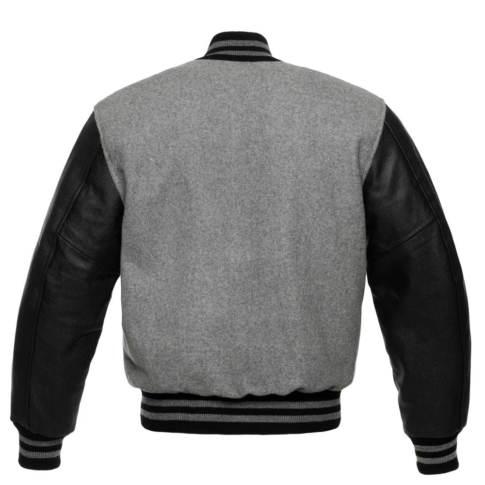 Back view of gray and black varsity jacket showcasing the sleek wool body and smooth leather sleeves for a modern and sporty design.