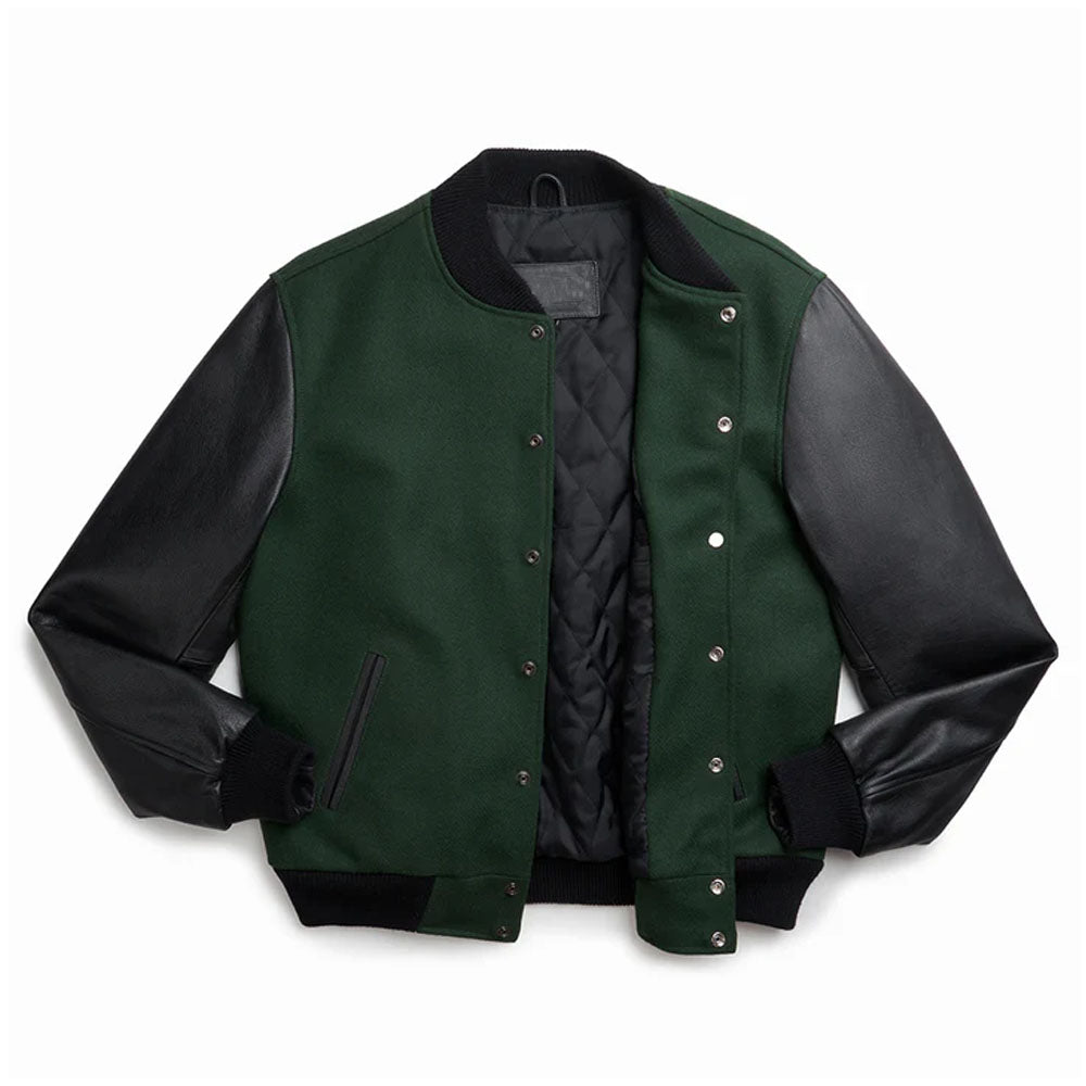 Men's Black & Green Pine Letterman Varsity Jacket