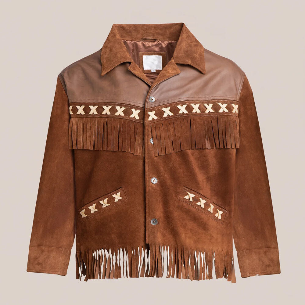 Men's Western Fringe Suede Leather Jacket in brown, front view showcasing premium suede, fringe details, and button-up closure.