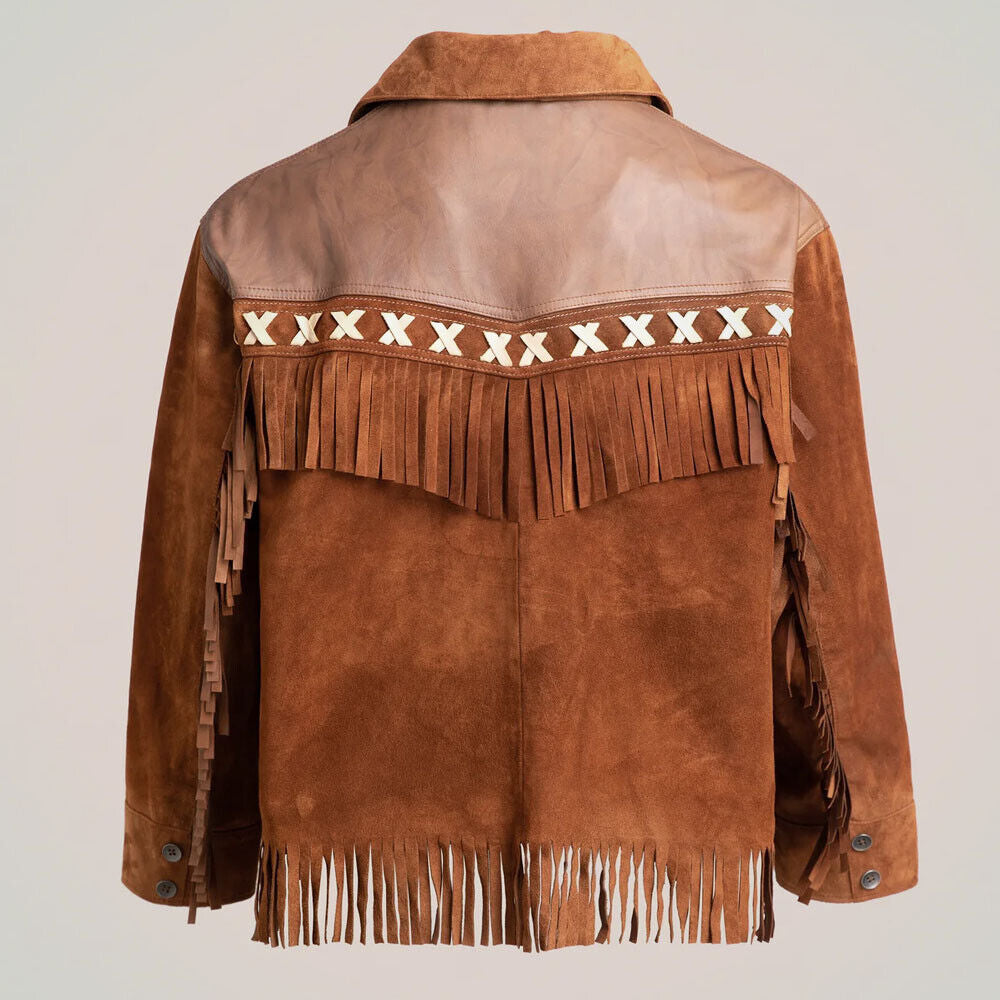 Back view of the Men's Western Fringe Suede Leather Jacket, highlighting the fringe design and tailored fit.