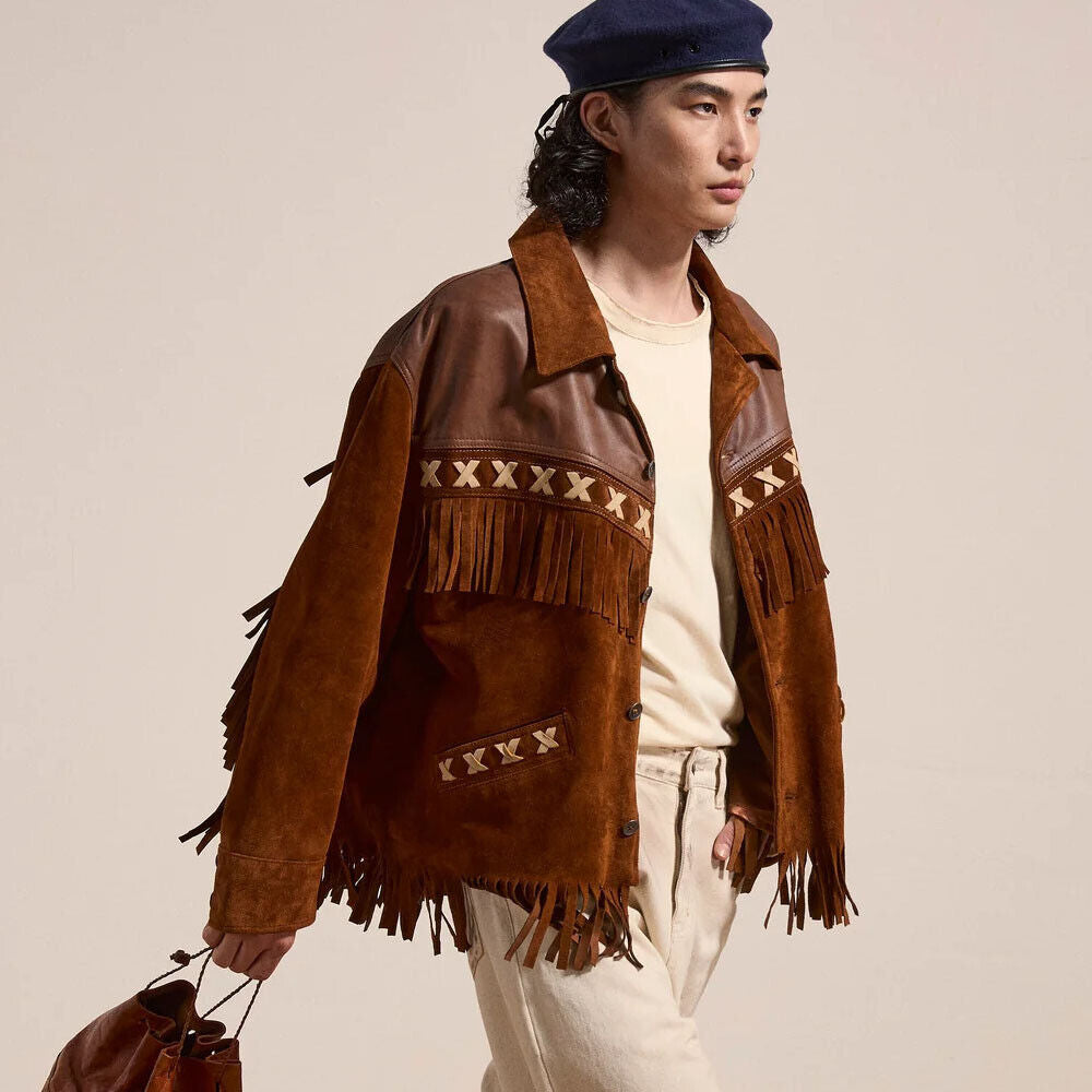 Man wearing the Men's Western Fringe Suede Leather Jacket, slightly side pose showcasing fringe details and rich brown color.