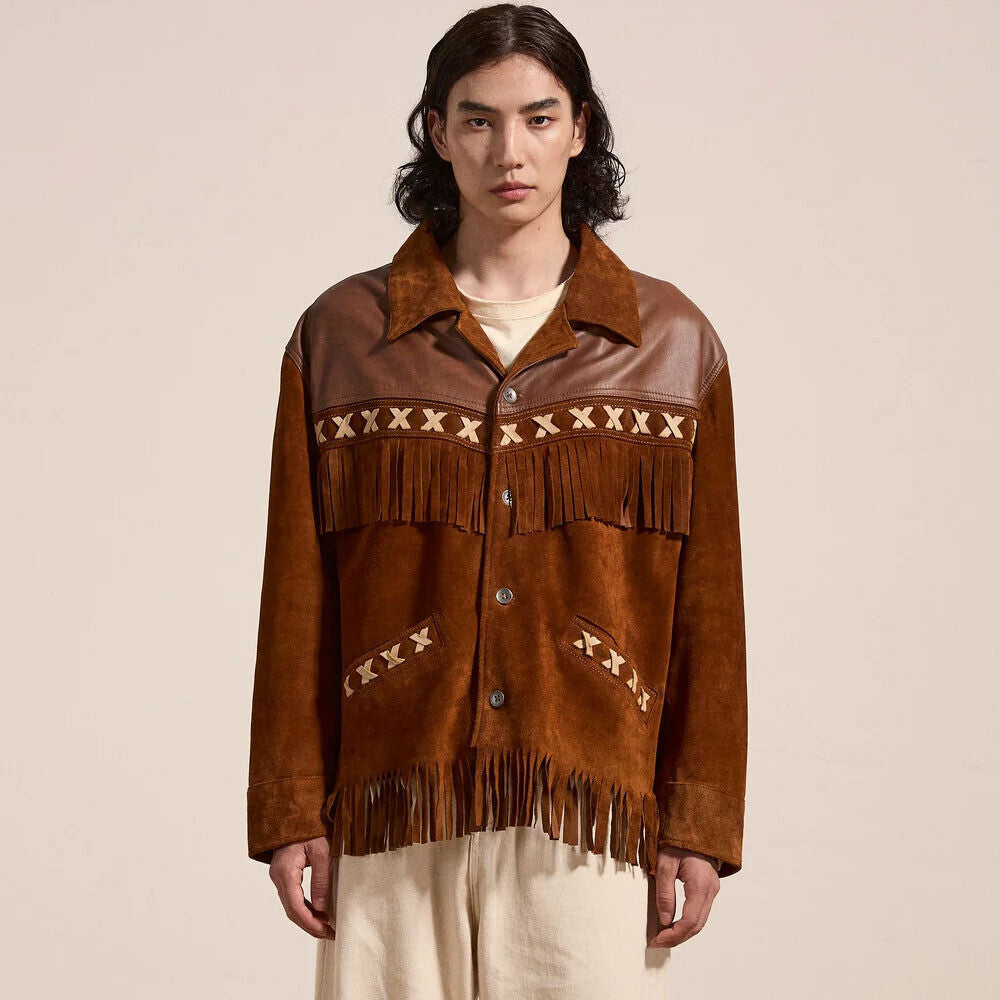 Man wearing the Western Fringe Jacket, front view, fastening button closure, highlighting the cowboy-inspired design.