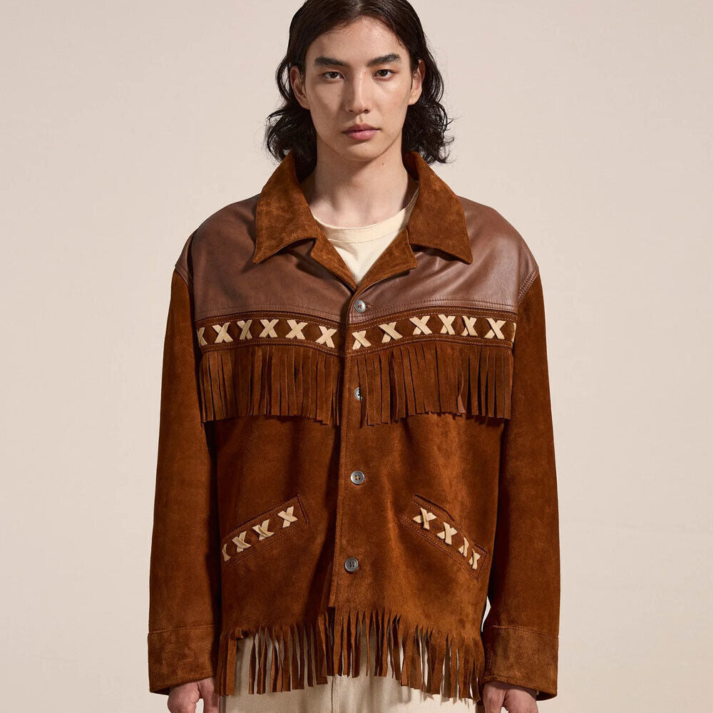 Man standing and wearing the Men's Western Fringe Suede Leather Jacket, front view emphasizing its Western style and tailored fit.