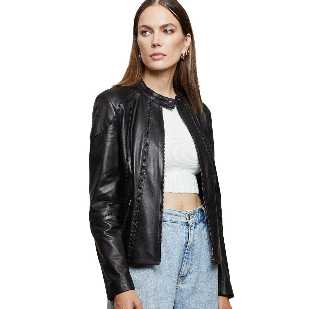 Black Sheepskin Cropped Length Biker Leather Jacket For Women