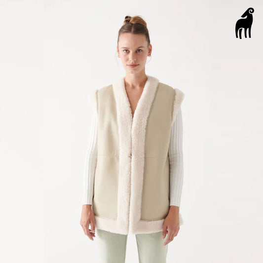 New Beige Sheepskin Shearling Leather Vest For Women