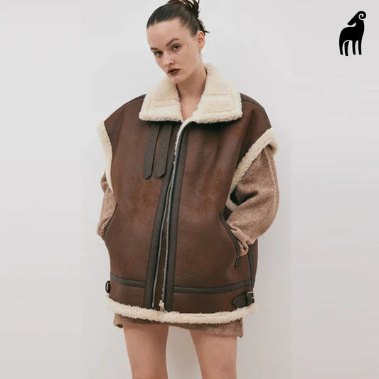 New Women Chocolate Brown Shearling Aviator Sheepskin Leather Vest