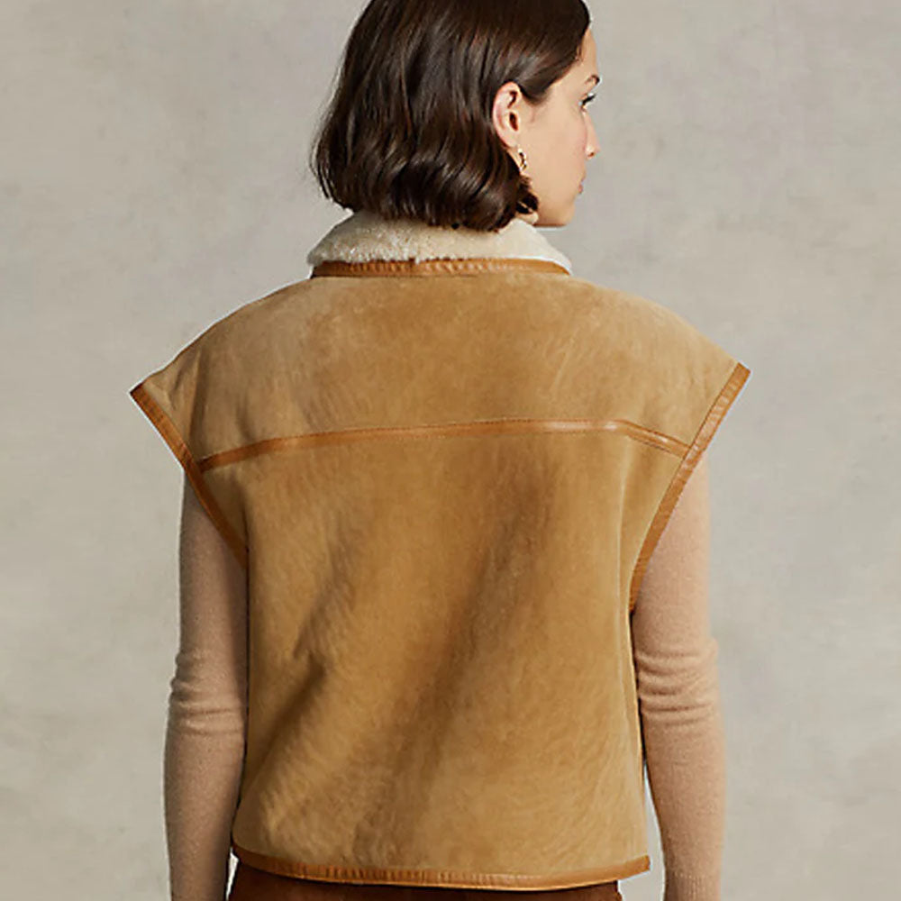New Women Brown Shearling Leather Vest