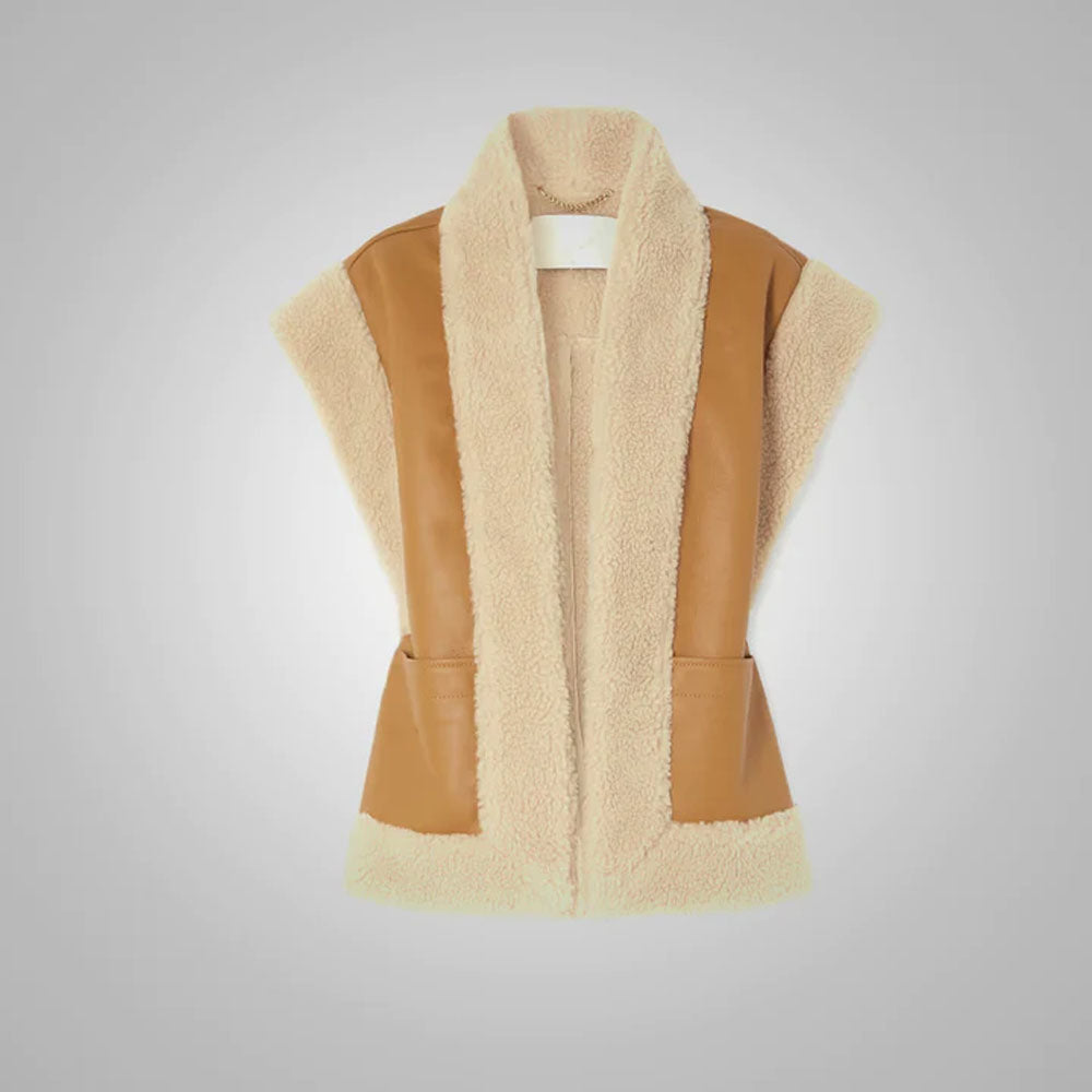 New Women Brown Sheepskin Shearling Leather Vest