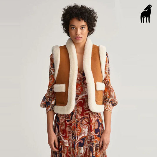 New Women Brown Shearling Leather B3 Vest
