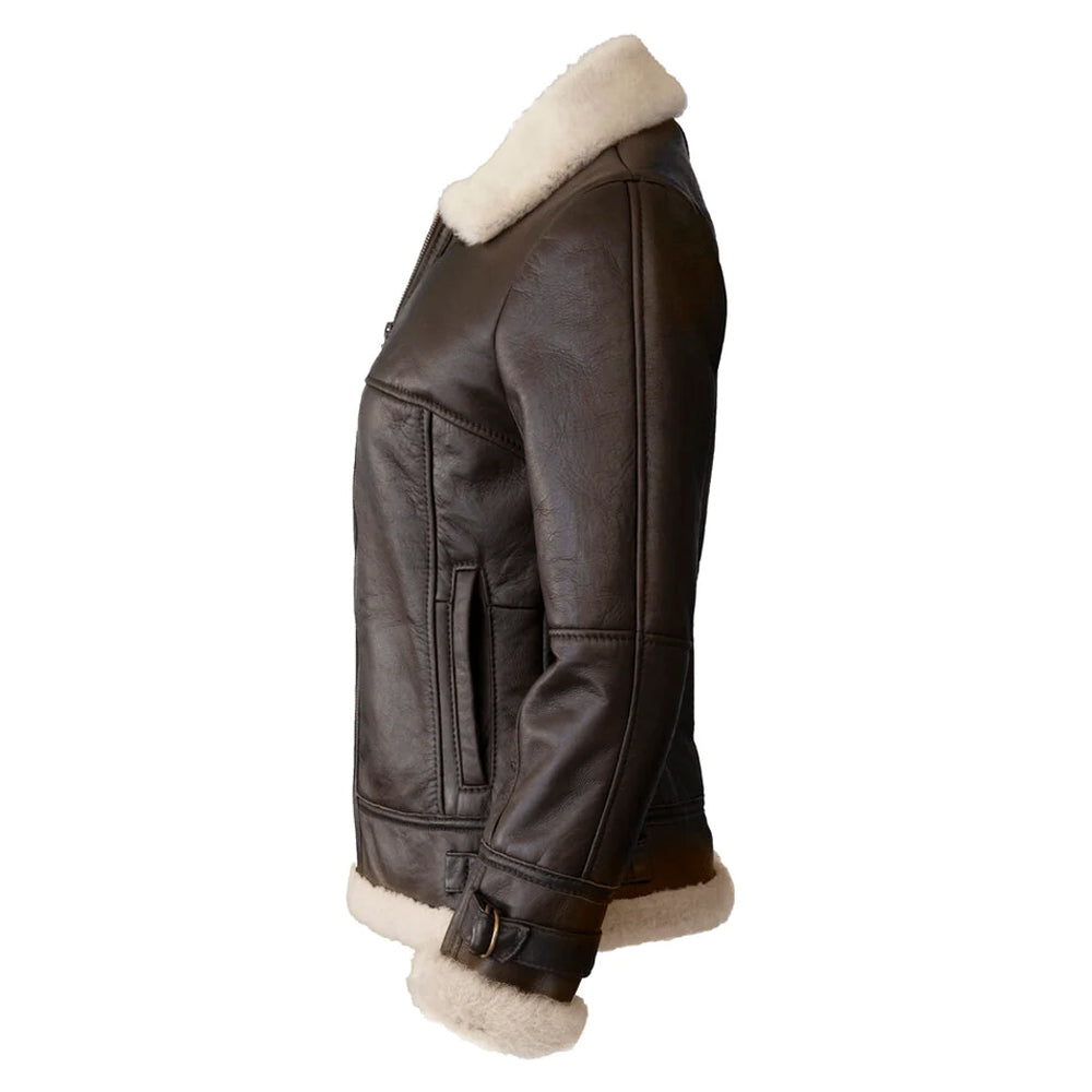 New Brown Aviator Shearling Sheepskin Leather Jacket For Women