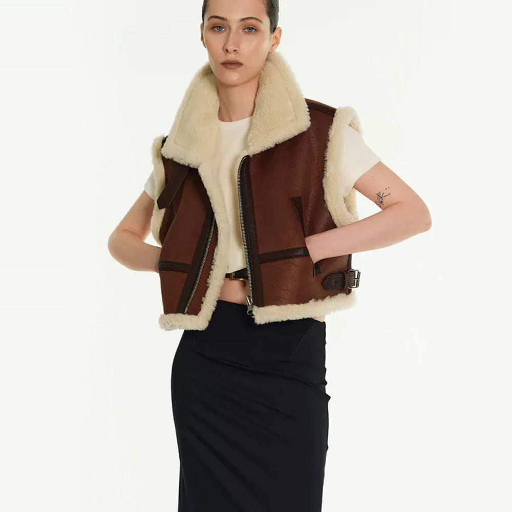 New Women Brown Aviator Sheepskin Shearling Leather Vest