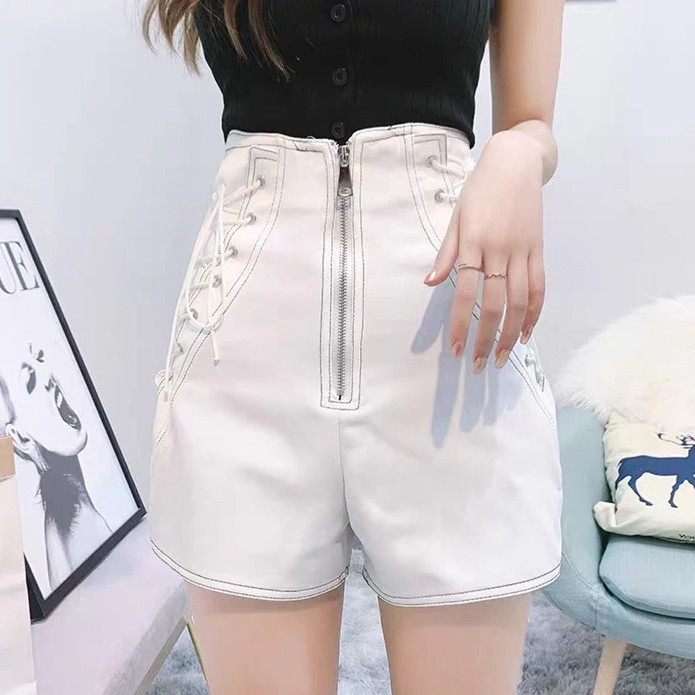 Casual yet bold fashion look featuring white leather shorts.