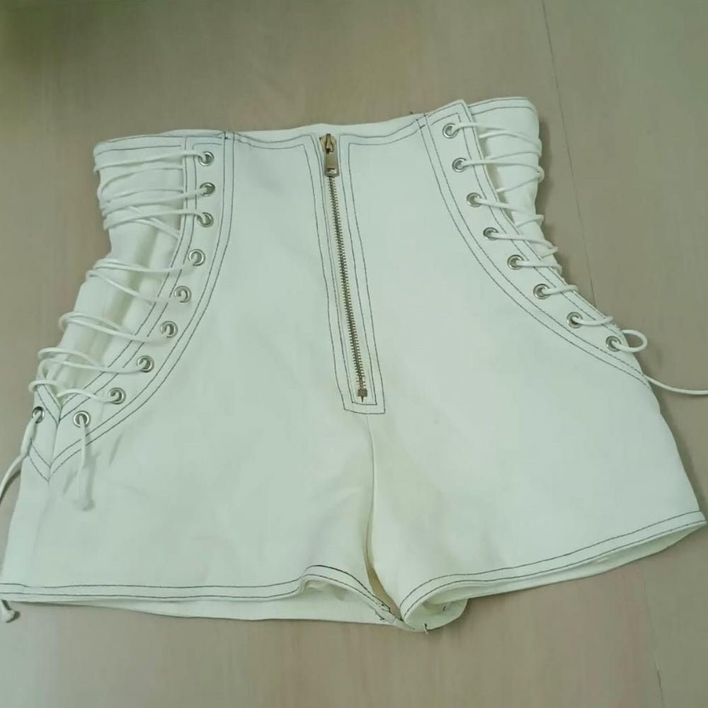 Soft lambskin white leather shorts styled for all seasons.