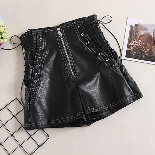 Women's black leather lace-up shorts made from soft lambskin, featuring a high-waisted fit and stylish zipper closure.