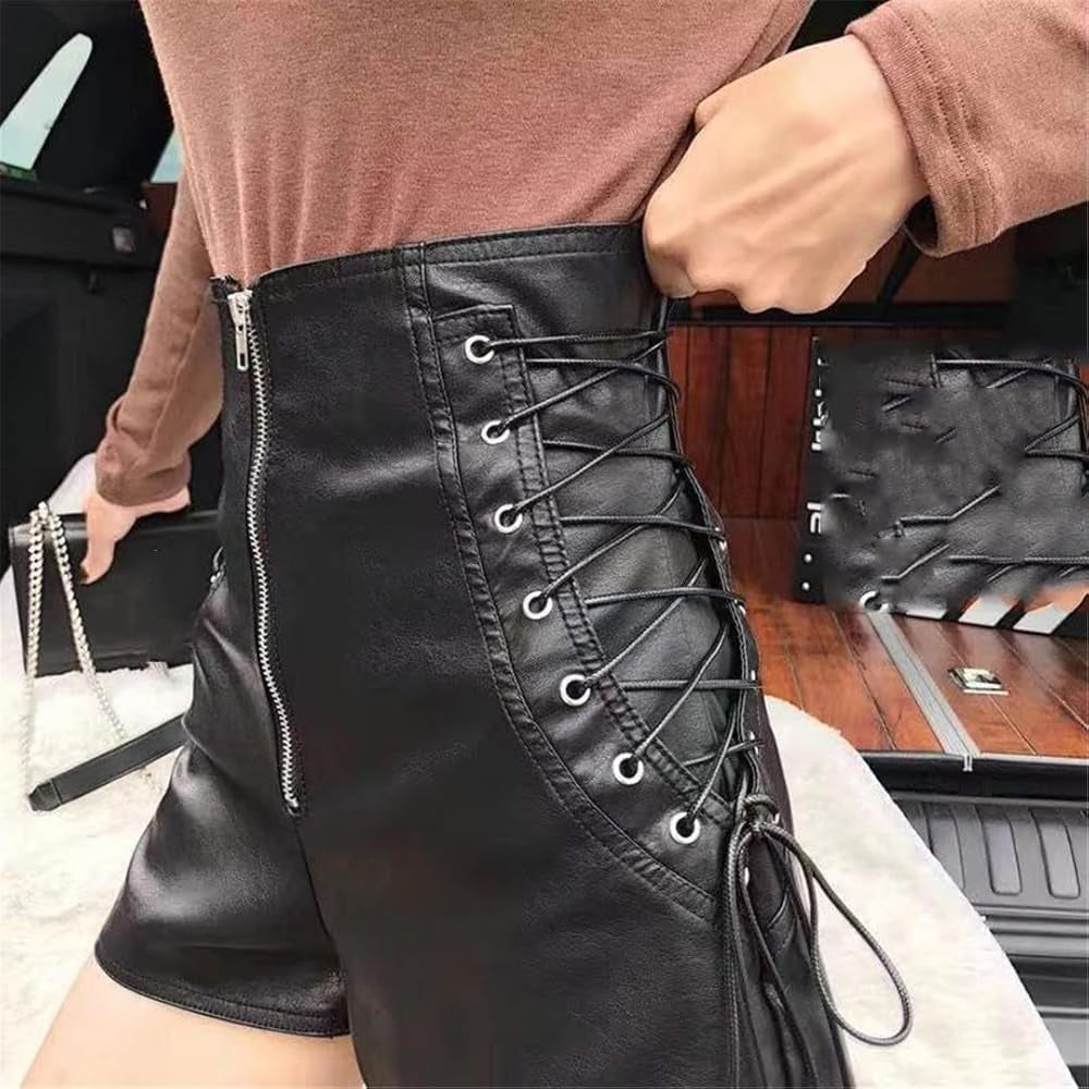 Close-up of lace-up detailing on the sides of black leather shorts, adding an edgy and adjustable fit.