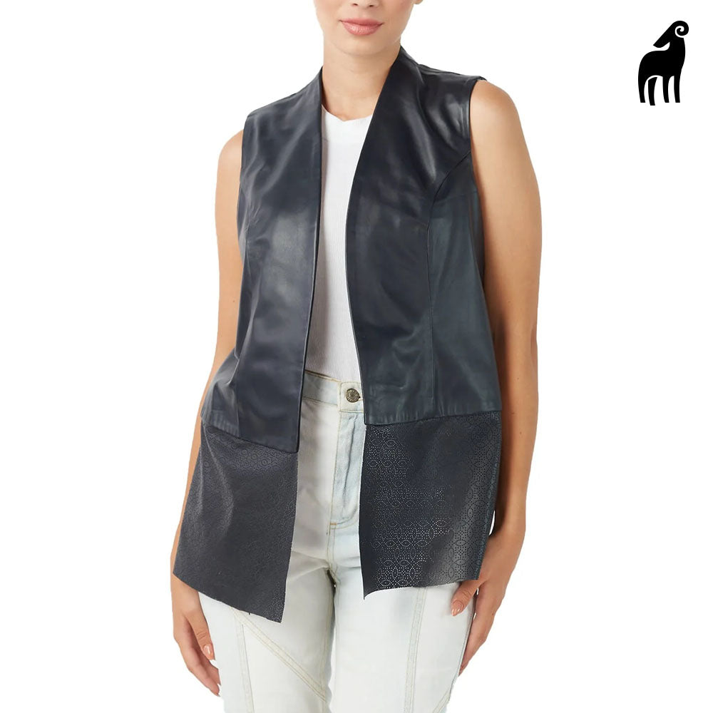 New Women's Dark Gray Lambskin Perforated Designing Leather Vest