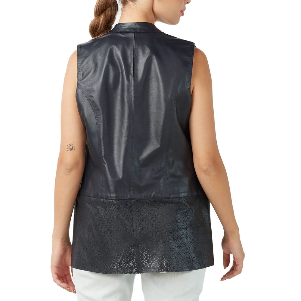 Women's Dark Gray Lambskin Perforated Designing Leather Vest