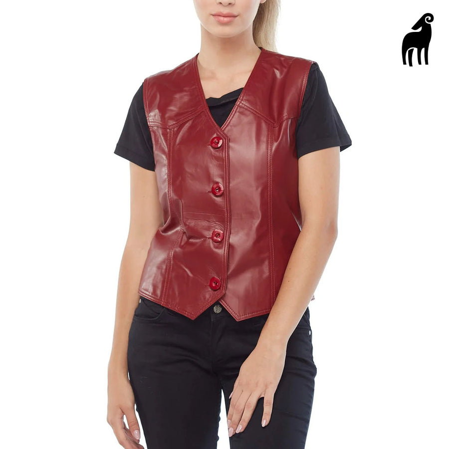 Women's red Western leather vest with biker-inspired panel detailing
