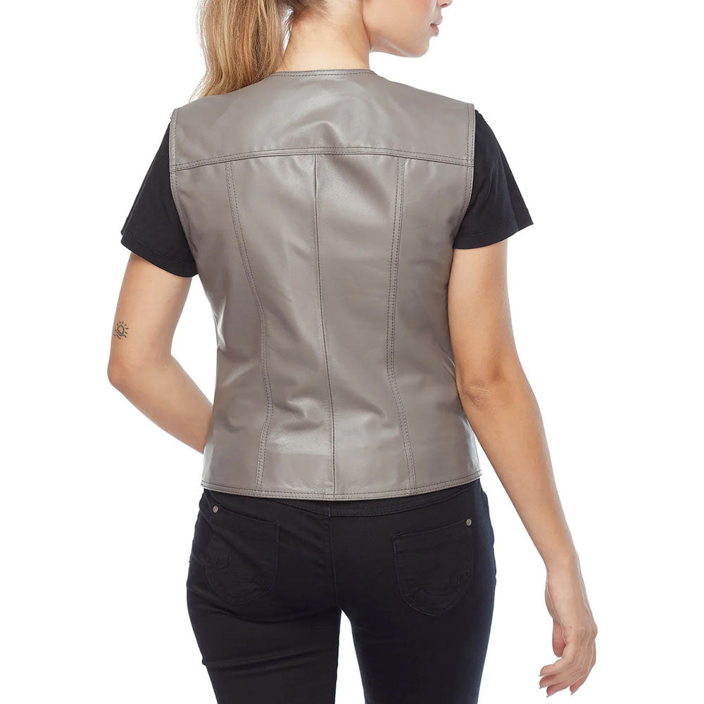 Women's Gray Moto Lambskin Leather Vest