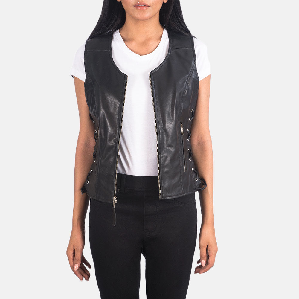 New Women's Black Moto Lambskin Leather Vest