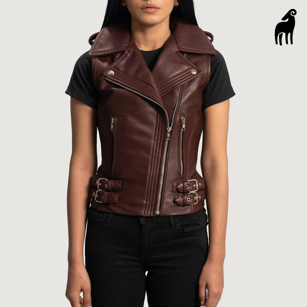 New Women's Maroon Biker Lambskin Leather Vest