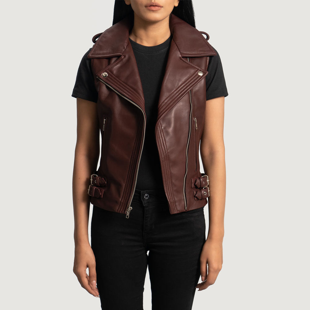 Women's Maroon Biker Lambskin Leather Vest