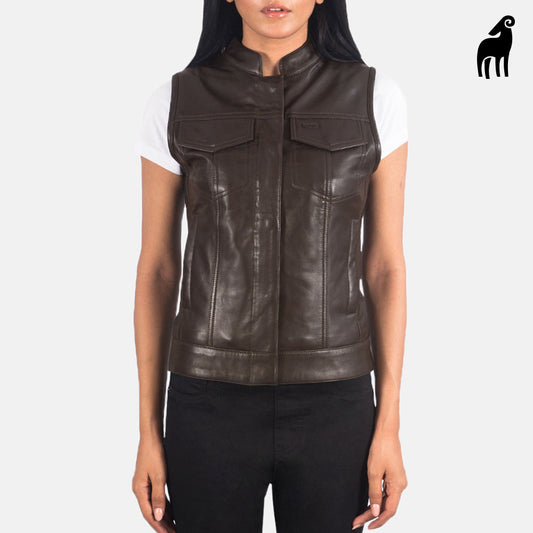 New Women's Dark Brown Pocket Style Leather Western Vest