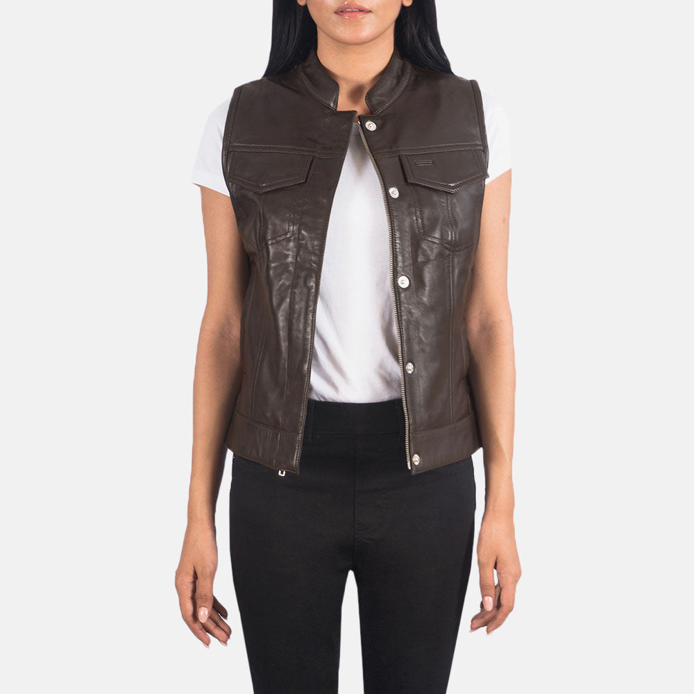 Women's Dark Brown Pocket Style Leather Western Vest