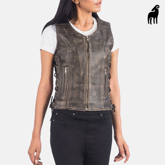 New Women Vanda Distressed Moto Brown Leather Vest