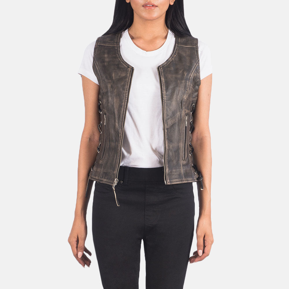 Women Vanda Distressed Moto Brown Leather Vest