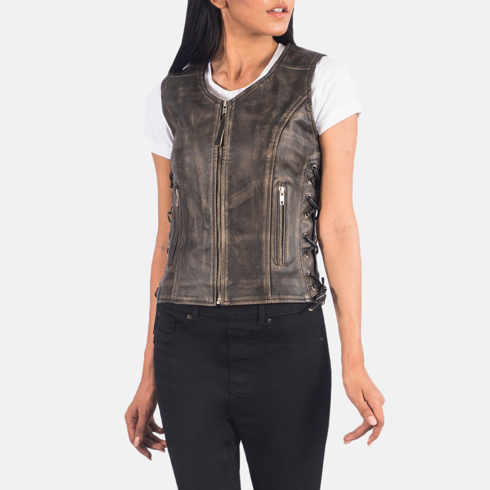 New Vanda Distressed Moto Brown Leather Vest