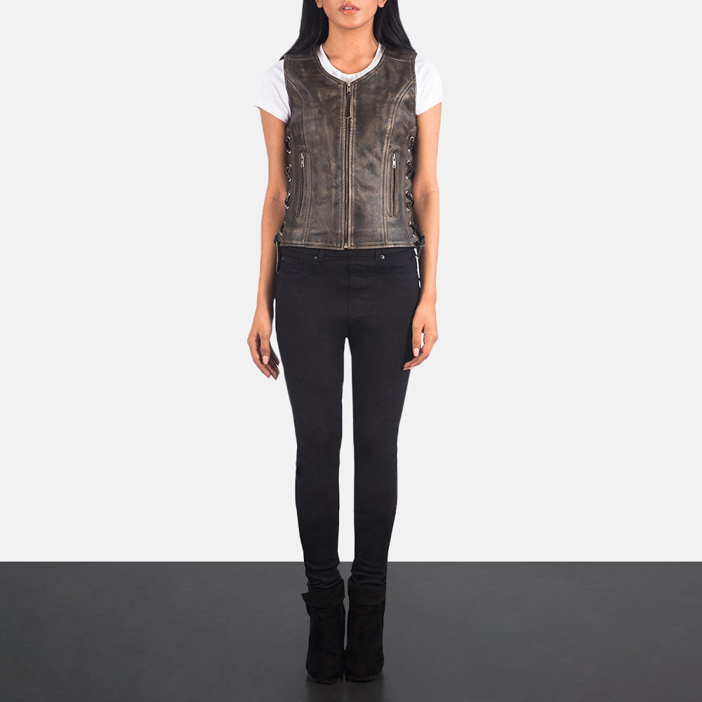 New Women's Vanda Distressed Moto Brown Vest