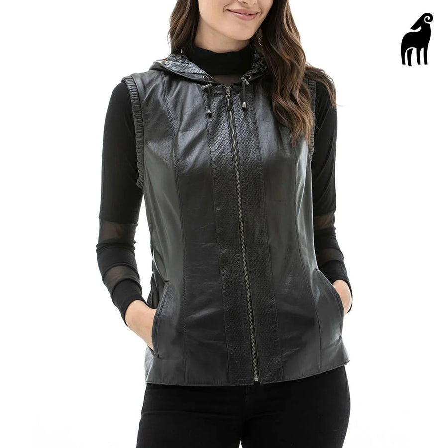 Women's black hooded leather vest styled as a contemporary layering piece